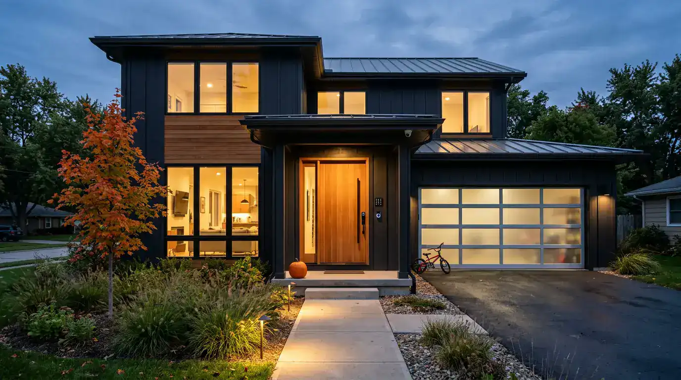 Modern house at dusk with every window lit and cameras by the door