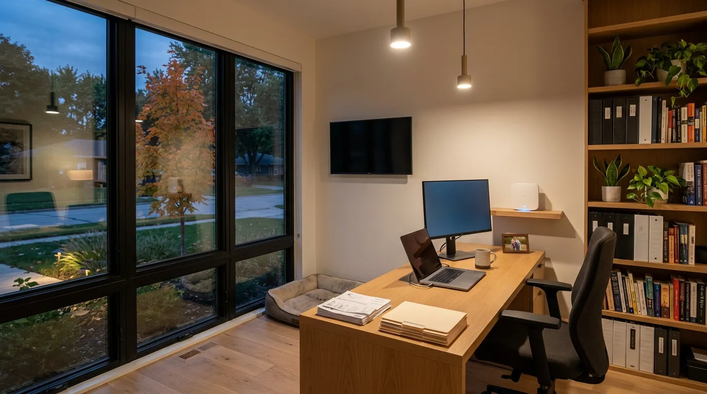 Home office with a mounted TV, mesh router and warm lighting