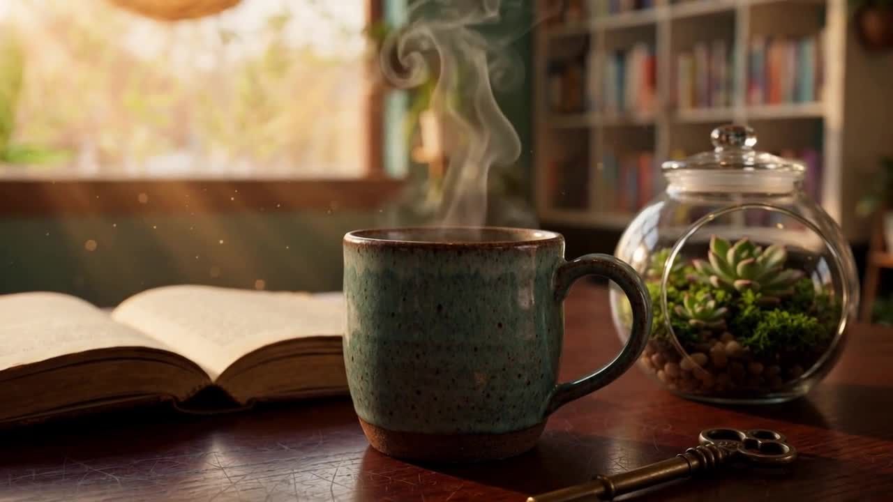 A mug of chai steaming beside an open book, a terrarium, and a brass key in a sunny bookshop