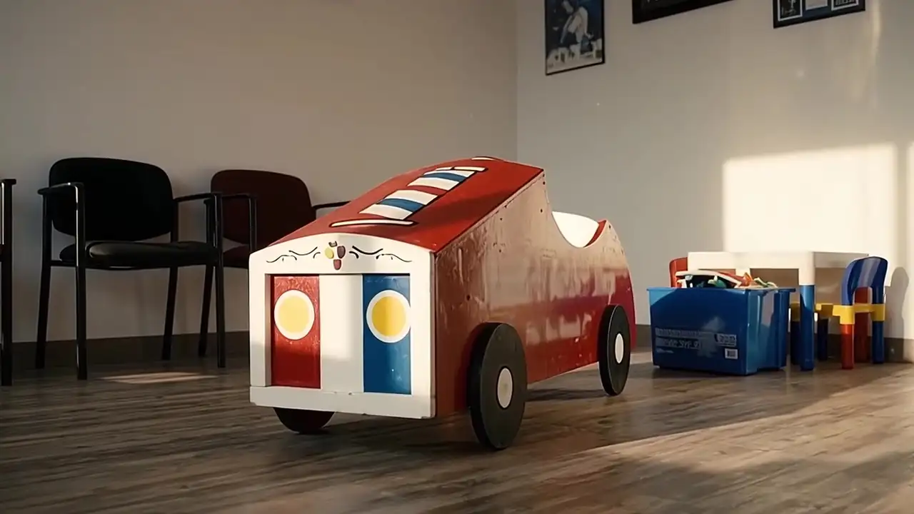 Concept still: a little wooden race-car seat in a sunbeam