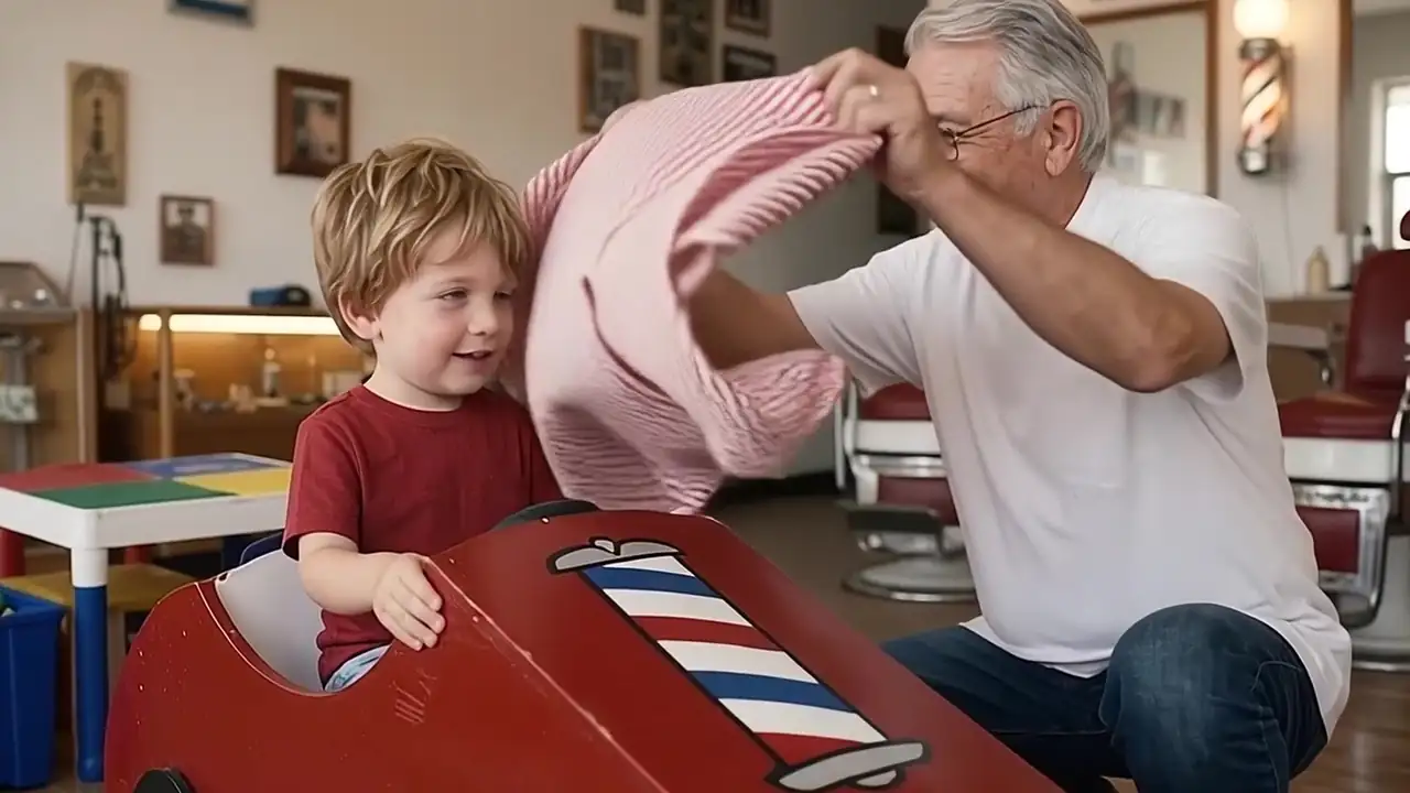 Concept still: a barber drapes a striped cape over a boy in the race car