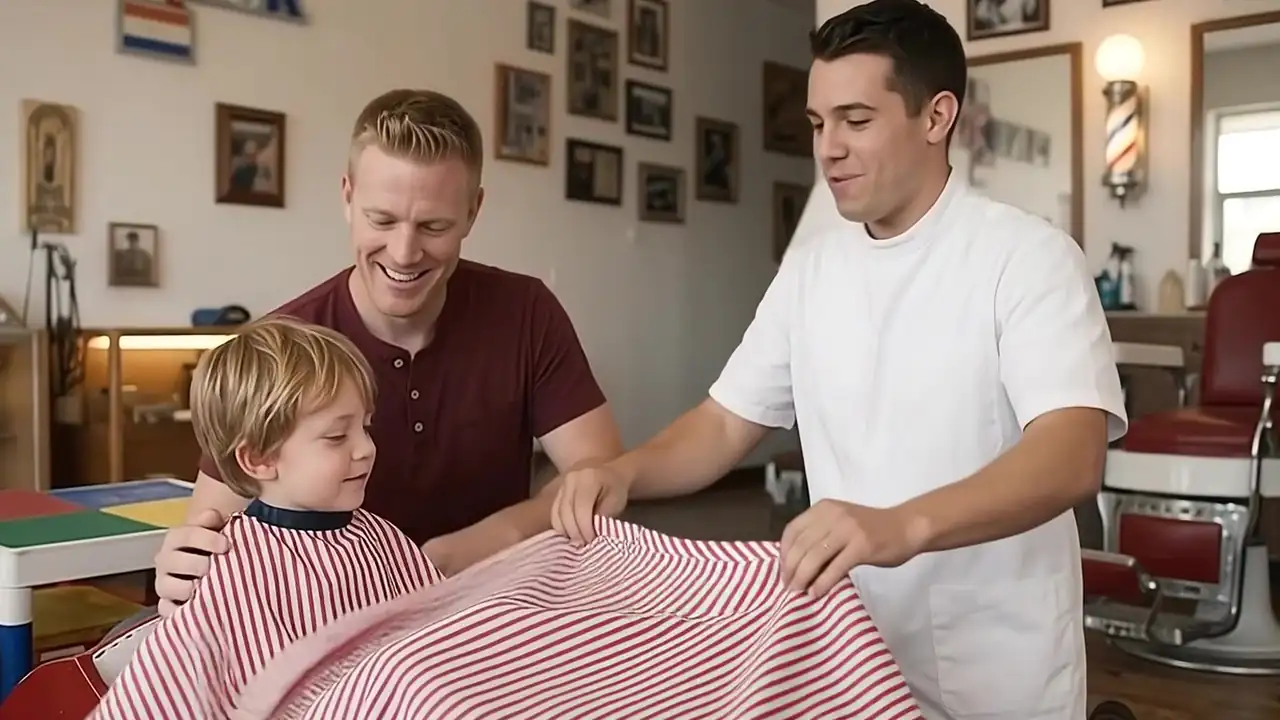 Concept still: a young barber swirls the cape over a new little boy in the same race car