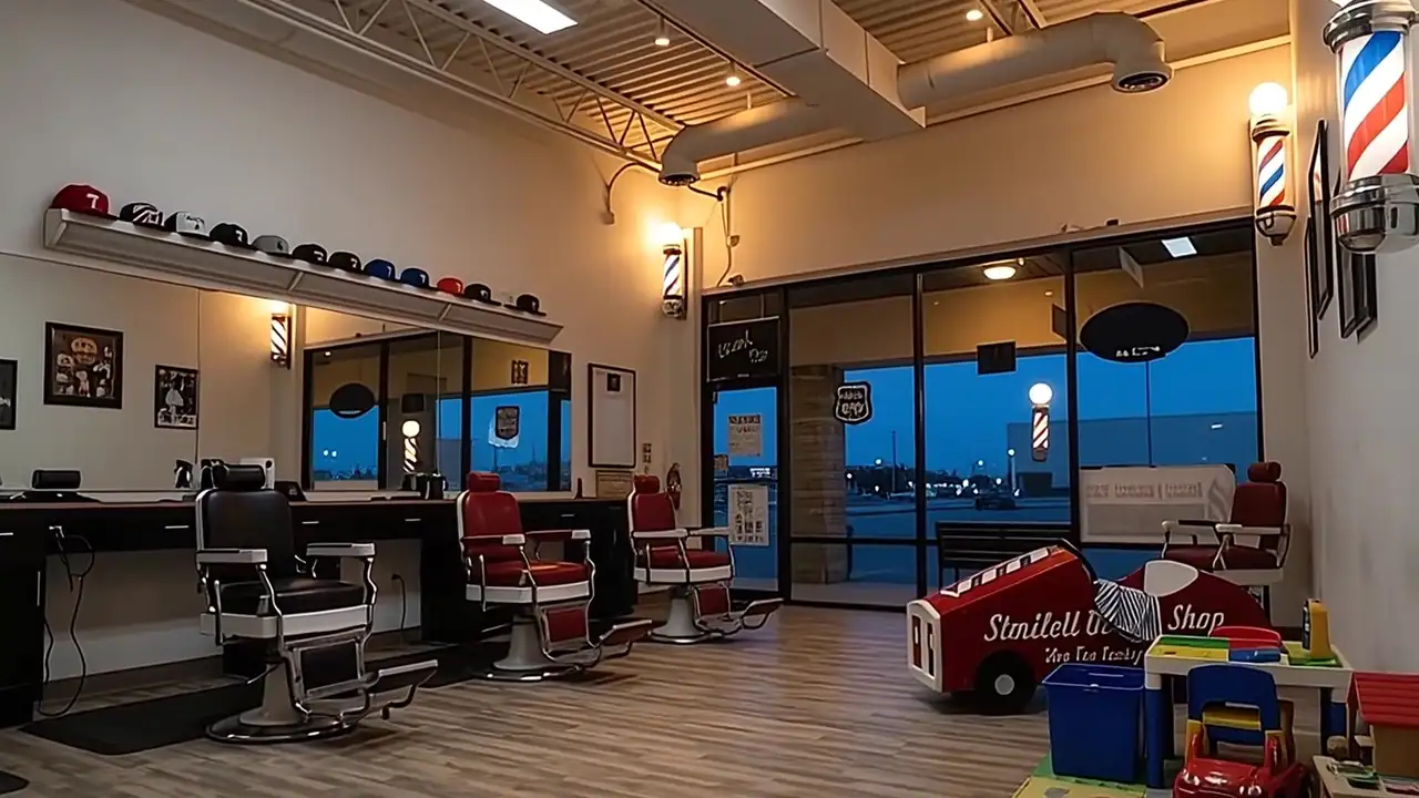 Concept still: the empty shop at dusk, barber-pole lamps glowing